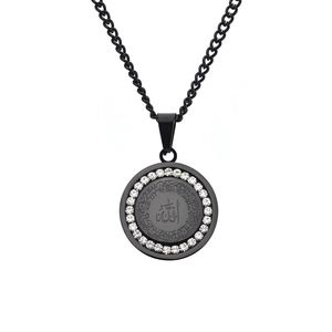 18K gold plated black stainless steel religious pendant with clear rhinestones and Arabic calligraphy