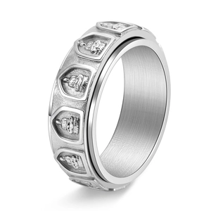 Buddhist spinning ring in silver stainless steel with 18 Arhats relief and matte finish