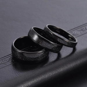 Black tungsten steel ring set with geometric textured finish in three different widths