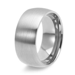 Macro detail of silver titanium ring showing brushed matte surface and polished inner dome