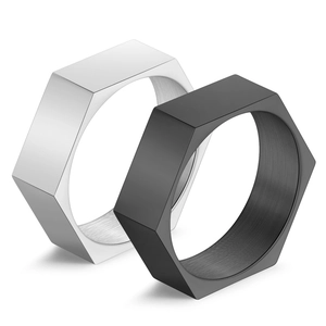 Détails des bagues hexagonales argentées et noires avec texture en acier brossé