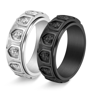 Detailed relief of 18 Arhats on rotatable stainless steel rings in black and silver