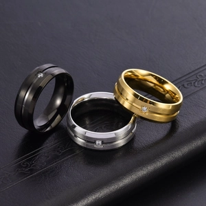 Three-color titanium steel ring set with brushed finish and single square zircon inlay