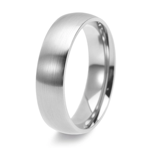 Close-up of brushed titanium steel ring showing polished interior and matte outer surface