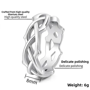 Macro detail of 8mm thorns vine steel ring showing delicate polishing and 6g weight
