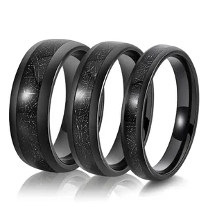 Minimalist Tungsten Steel Black Band Ring For Men Women Meteorite Texture Inlay Comfort Fit Wedding Jewelry Gift