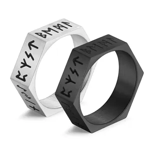 Bague Viking Nordique Rune Hexagonale en Acier Inoxydable pour Hommes Femmes Finition Brossée Vintage Rune Band Bijoux Gothiques Punk