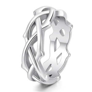 Detailed close-up of a silver thorn vine ring featuring intricate hollow woven design