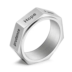 Rotatable Seven Virtues Hexagonal Titanium Steel Ring For Men Faith Hope Charity Engraved Industrial Fidget Band Ring