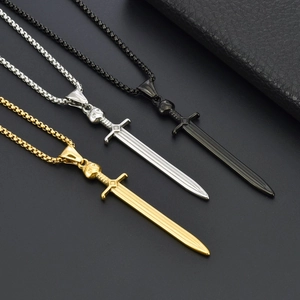 Gothic skull sword pendant necklace in gold, silver and black stainless steel finish