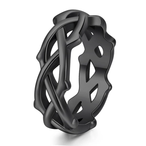 Matte black stainless steel ring with hollow thorn vine design and gothic branch texture