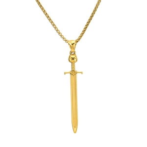 Gothic gold plated stainless steel sword pendant with wolf head on box chain necklace