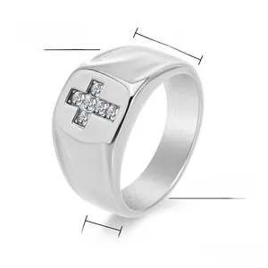 Macro detail of men's steel ring showing the 11mm wide cross band and five inset zircons