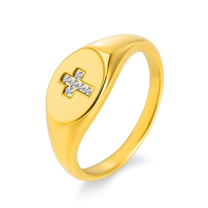 Bague minimaliste en acier titane doré avec croix en diamants et surface polie lisse