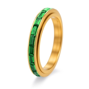 18K gold eternity ring featuring emerald-cut green zircons in a channel setting