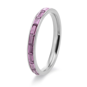 Macro view of slim silver titanium ring with channel set lavender rectangular gemstones