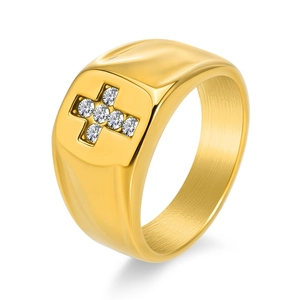 Polished gold signet ring with recessed cross and sparkling white cubic zirconia stones