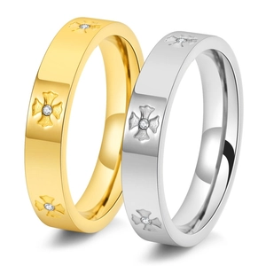 Cross engraved 18K gold and silver titanium steel rings set with small crystals