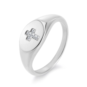 Bague polie en acier titane argenté avec sceau ovale et croix pavée de zircons