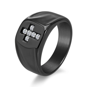 Men's black stainless steel ring with crystal cross pattern in minimalist matte finish