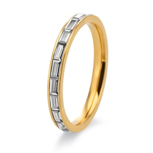 Macro view of gold minimalist ring featuring channel-set baguette-cut sparkling crystals