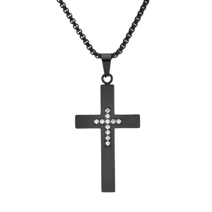 Collier avec pendentif croix en acier titane noir mat avec cristaux blancs pour homme