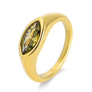 Macro view of 18K gold stainless steel ring featuring marquise-cut green zircon