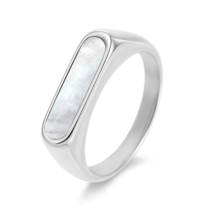 Macro detail of rectangle white shell inlay on a polished minimalist silver ring