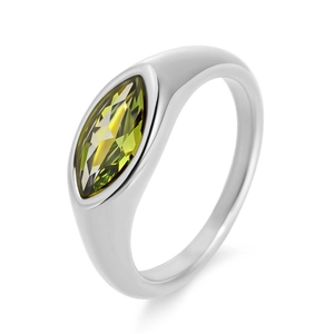 Macro detail of marquise-cut olive green gemstone on wide polished silver ring band