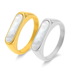 Polished 18K gold and silver plated stainless steel rings with white shell inlay