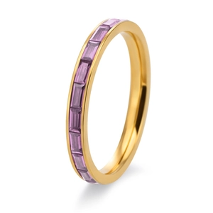 Detailed side view of 18K gold-plated eternity band with purple baguette-cut crystals