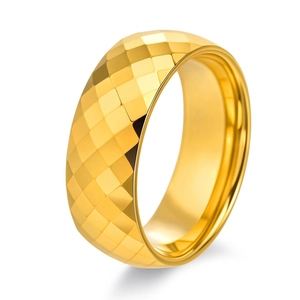 Polished gold faceted tungsten ring with geometric diamond-cut pattern for men and women