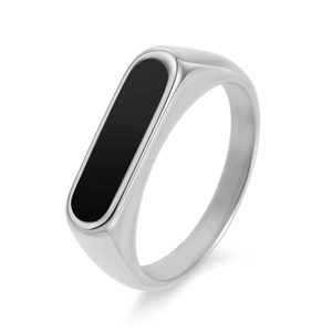 Detailed close-up of 18K gold plated ring with geometric black enamel inlay detail