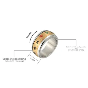 Close-up of rotatable stainless steel mahjong ring with polished gold and silver finish