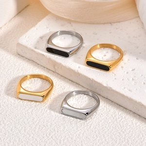 Minimalist 18K gold and silver stainless steel signet rings with black and white shell inlay