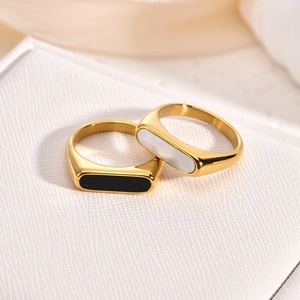 Minimalist 18K gold plated stainless steel rings with black and white geometric shells