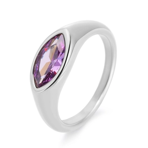 Macro shot of polished silver ring band with marquise-cut purple stone on white background