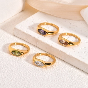 Minimalist 18K gold plated stainless steel rings with colorful marquise zircons