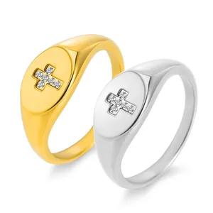 Bague Chevalière Croix en Acier au Titane pour Femmes Poli avec Strass Incrusté Or Argent Géométrique Ovale Bijoux Mode
