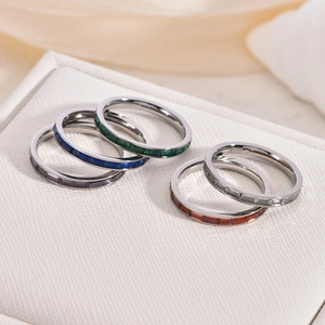 Minimalist stainless steel eternity rings set with colorful baguette cut zirconia stones