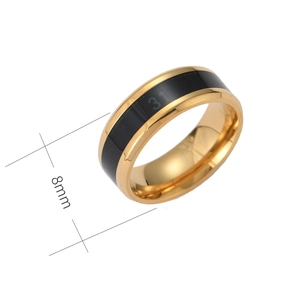 Macro view of 8mm wide gold plated stainless steel temperature ring with black band