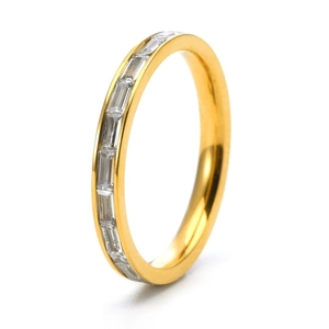 Detailed close-up of 18K gold plated ring with rectangle cut cubic zirconia stones