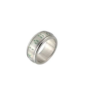 Detailed close-up of Mahjong themed rotating ring in brushed silver titanium steel