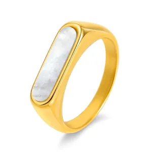 Minimalist Gold Plated Stainless Steel Mother Of Artificial Pearl Signet Ring Geometric Square Shell Ring For Women Party Jewelry