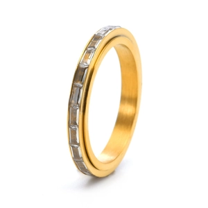 Eternity ring in 18K gold with baguette-cut zircons shown on a clean white background