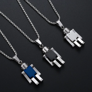 Three movable robot pendant necklaces in black, blue, and silver on a box chain