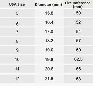 Size chart for stainless steel rings showing US sizes 5-12 with diameter and circumference