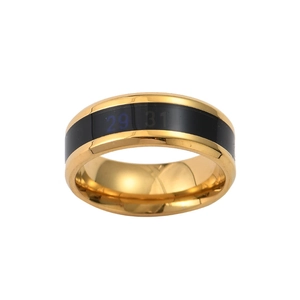 Smart temperature sensing gold ring for men with digital scale display and black inlay