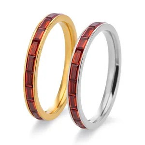 Titanium Steel Eternity Ring For Women Baguette Cut Rhinestone Band Gold Silver Plated Colorful Stone Minimalist Pinky Ring Jewelry