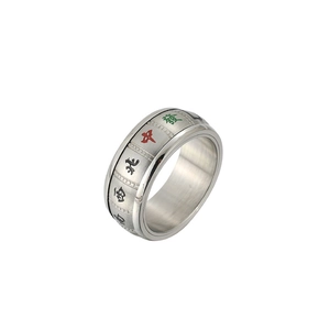 Mahjong theme spinner ring in silver stainless steel with red and green characters